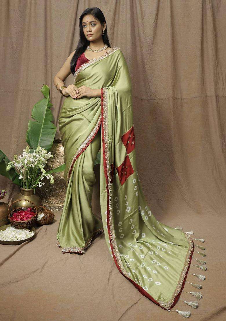 Olive Modal Printed Saree without Blouse for Women Festive Wear - Indya