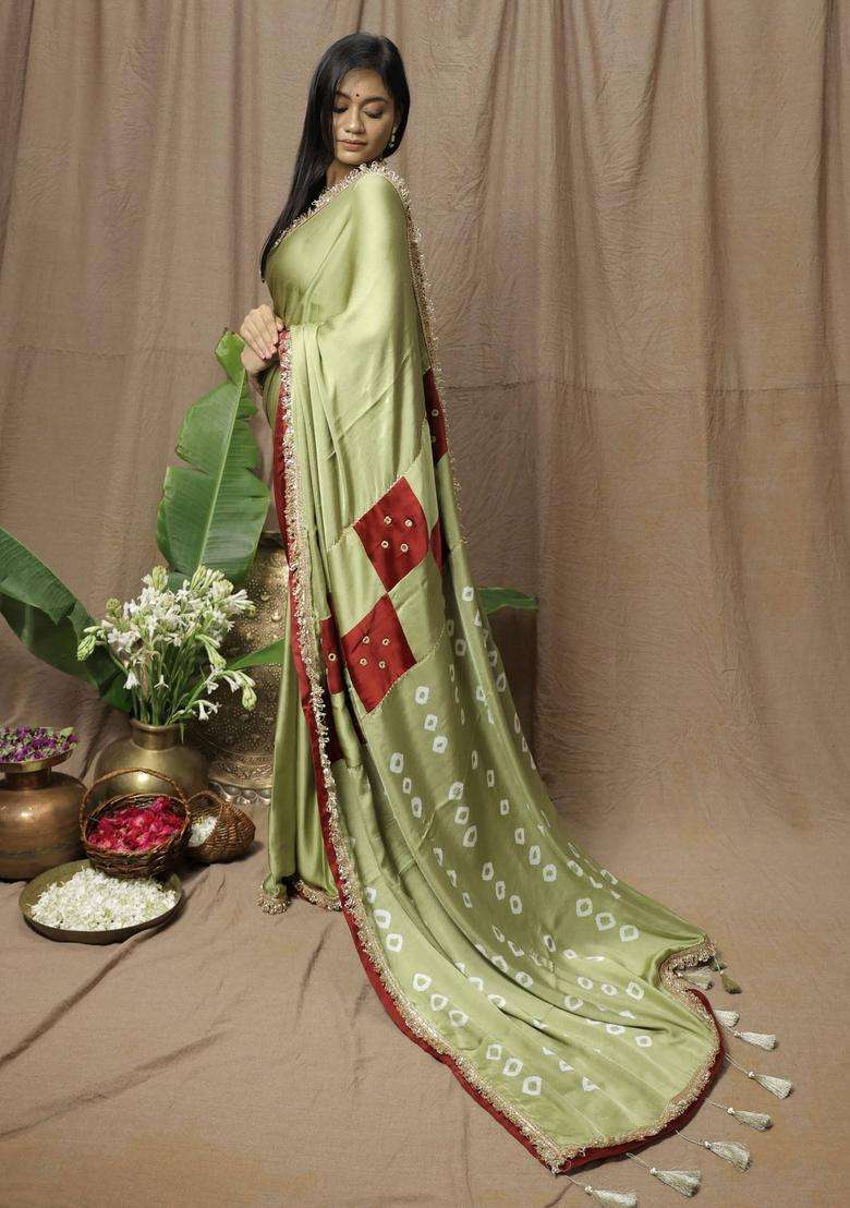 Olive Modal Printed Saree without Blouse for Women Festive Wear - Indya