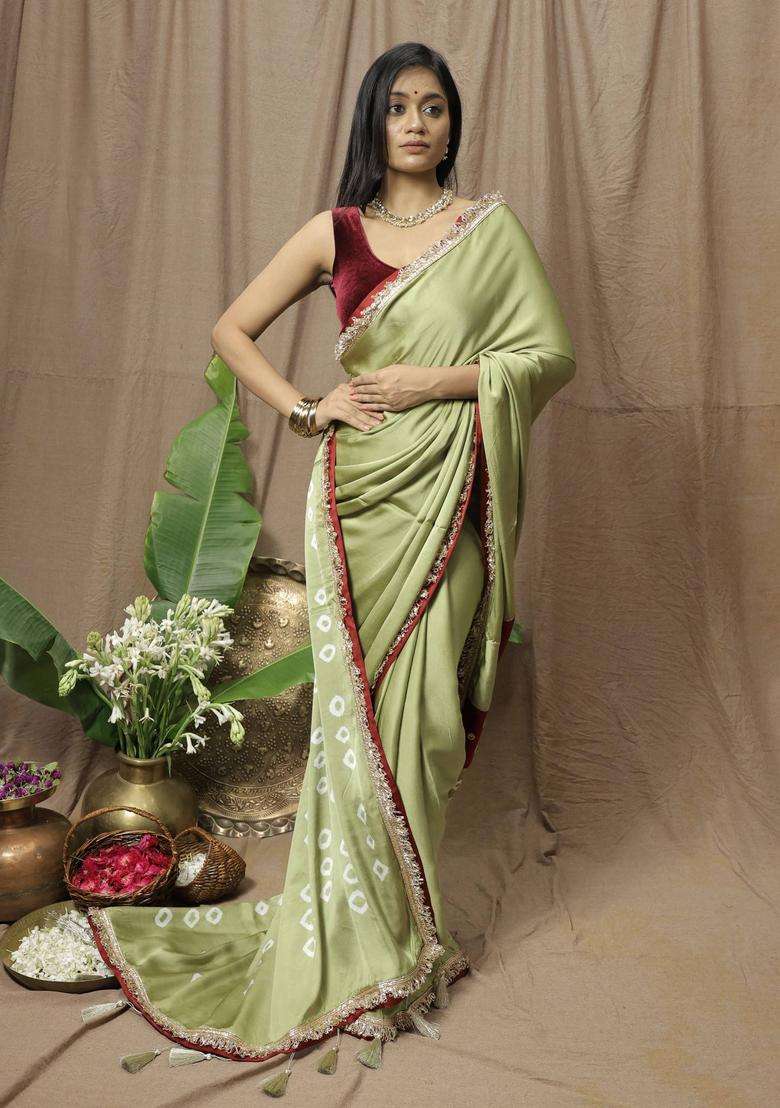 Olive Modal Printed Saree without Blouse for Women Festive Wear - Indya