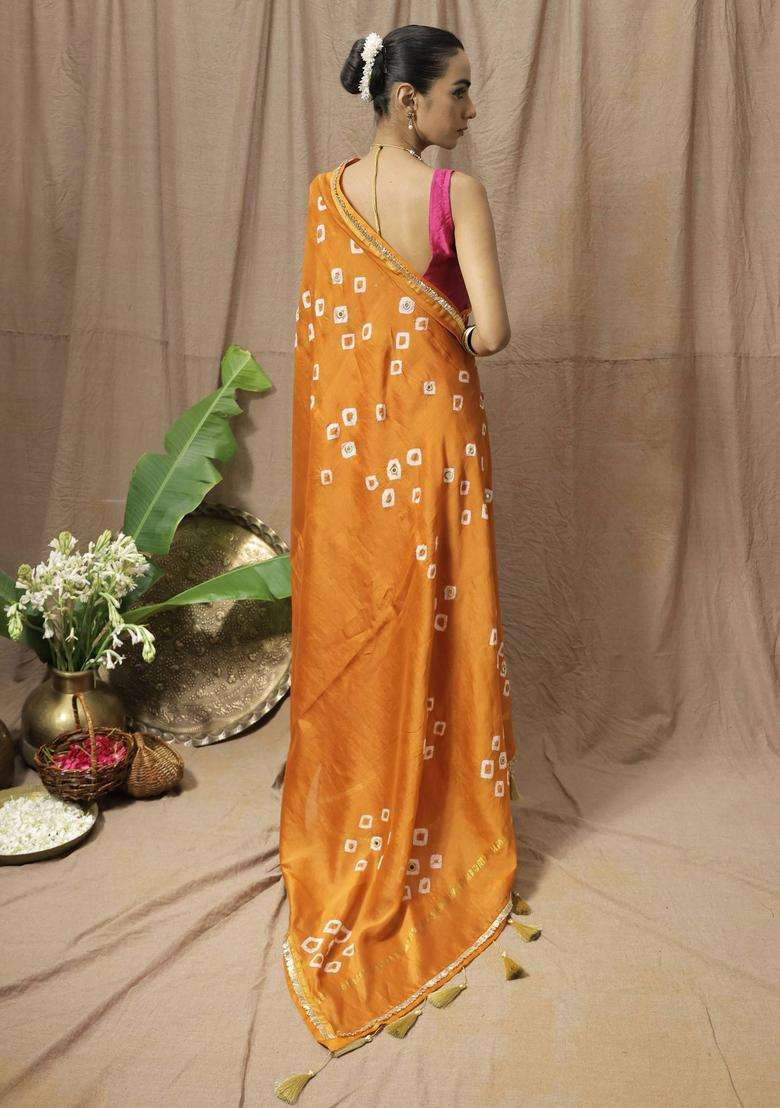 Orange Chanderi Silk Printed Saree without Blouse for Women Festive Wear - Indya