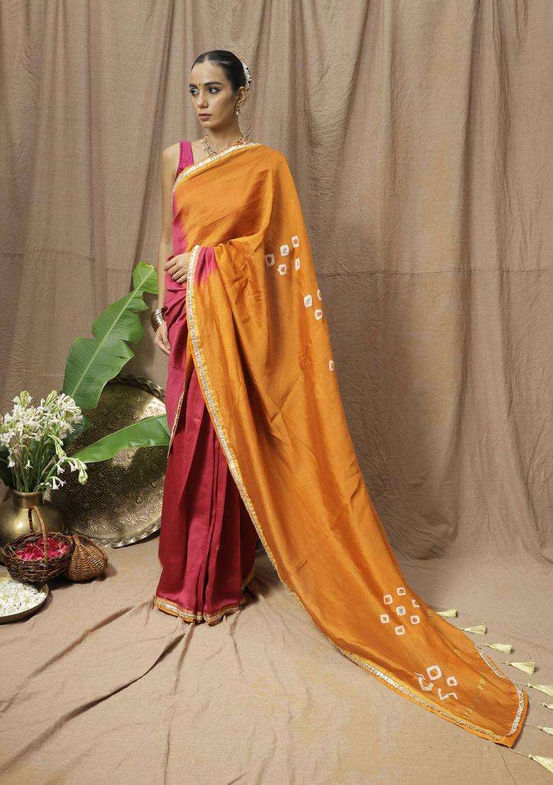 Orange Chanderi Silk Printed Saree without Blouse for Women Festive Wear - Indya