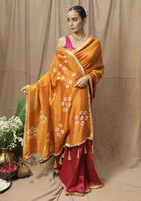 Orange Chanderi Silk Printed Saree without Blouse for Women Festive Wear