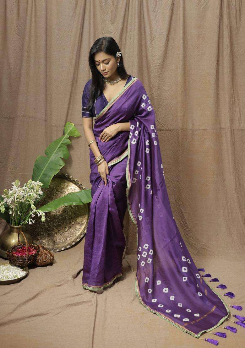 Purple Chanderi Silk Printed Saree without Blouse for Women Festive Wear - Indya