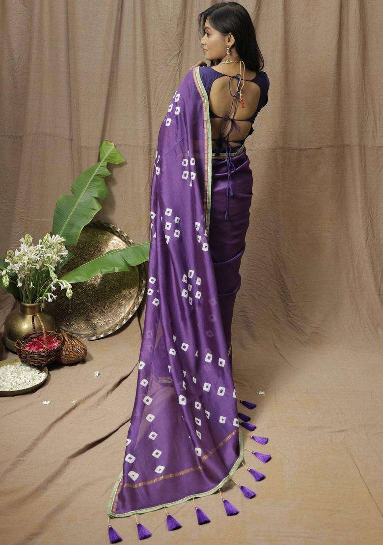 Purple Chanderi Silk Printed Saree without Blouse for Women Festive Wear - Indya