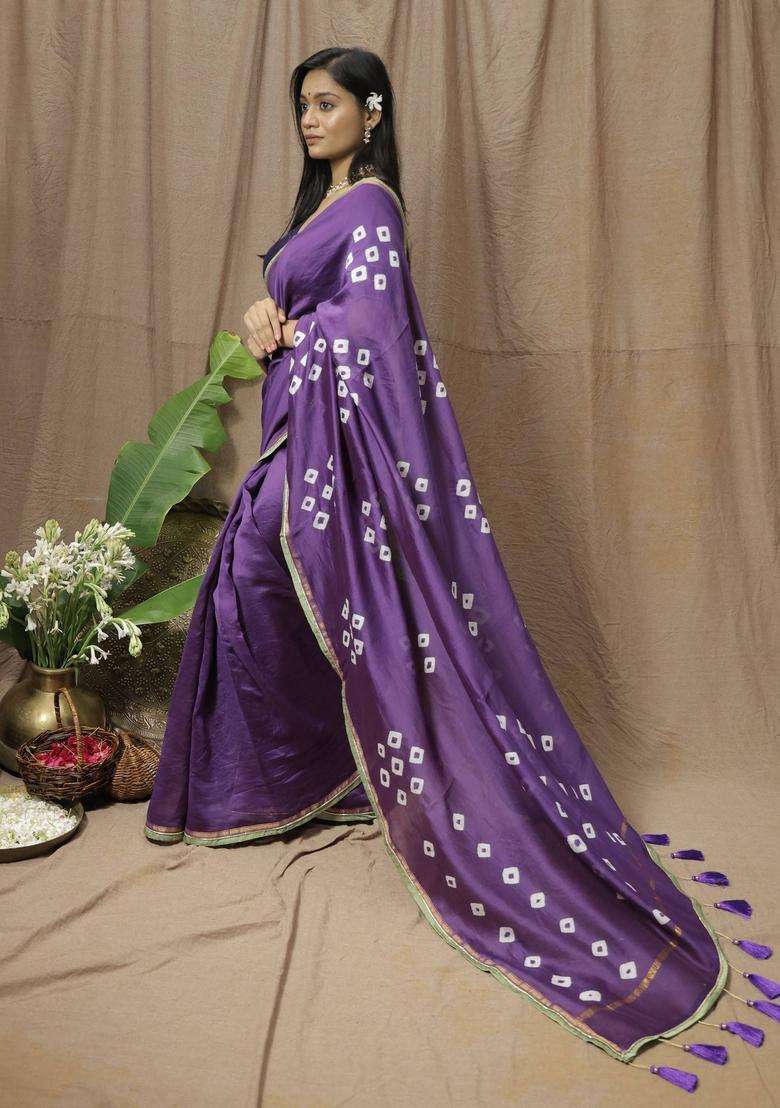 Purple Chanderi Silk Printed Saree without Blouse for Women Festive Wear - Indya