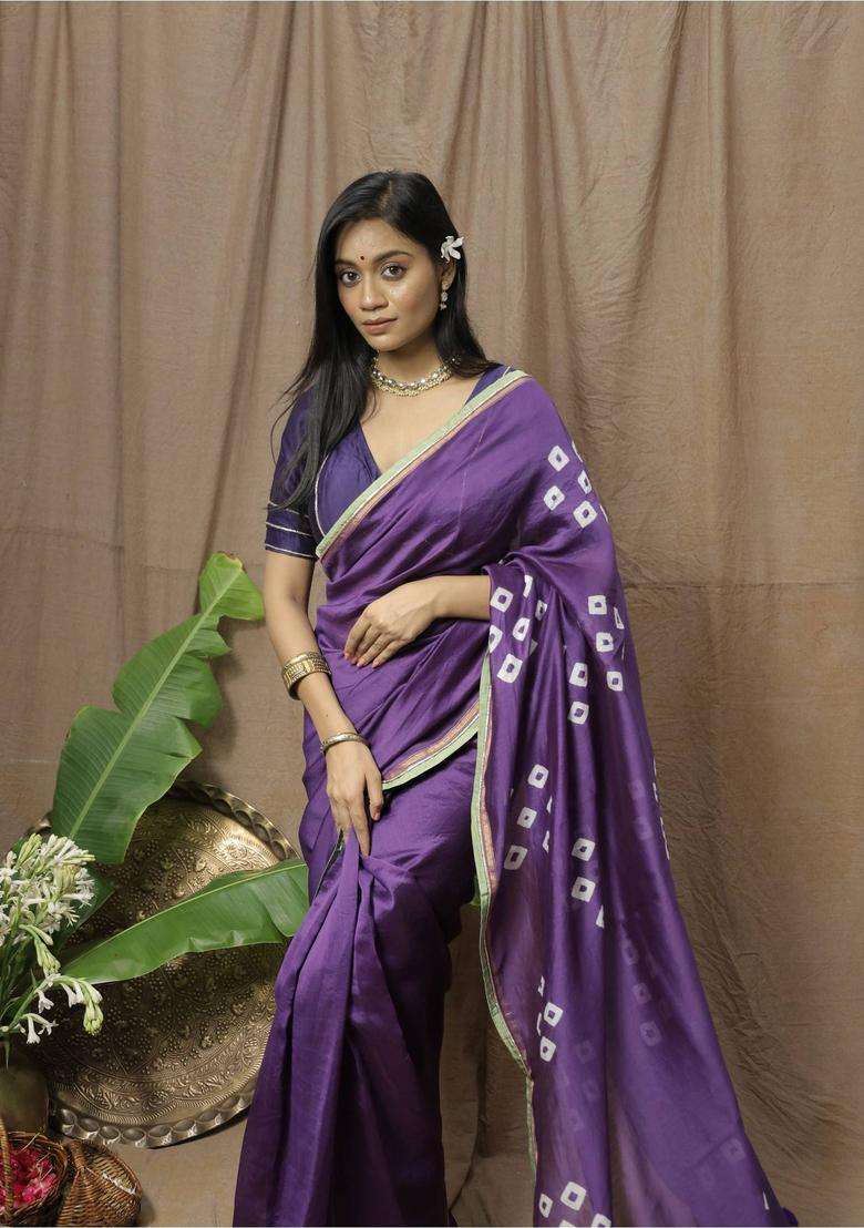Purple Chanderi Silk Printed Saree without Blouse for Women Festive Wear - Indya