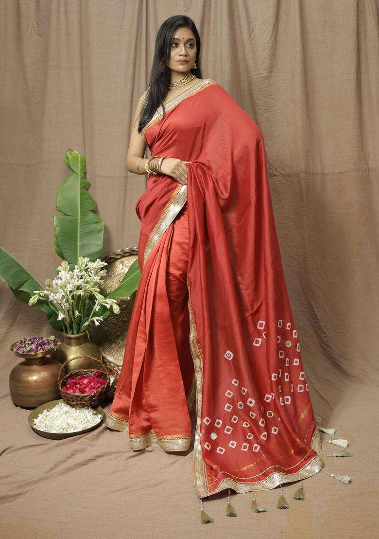 Red Chanderi Silk Printed Saree without Blouse for Women Festive Wear - Indya