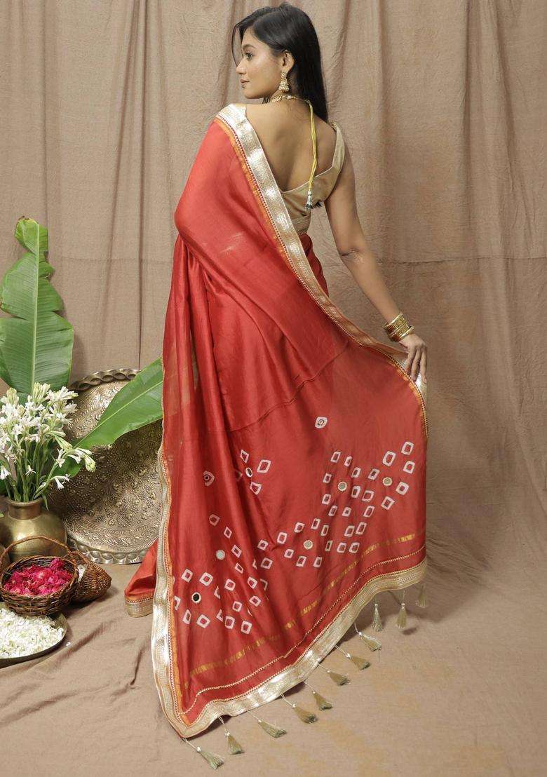 Red Chanderi Silk Printed Saree without Blouse for Women Festive Wear - Indya