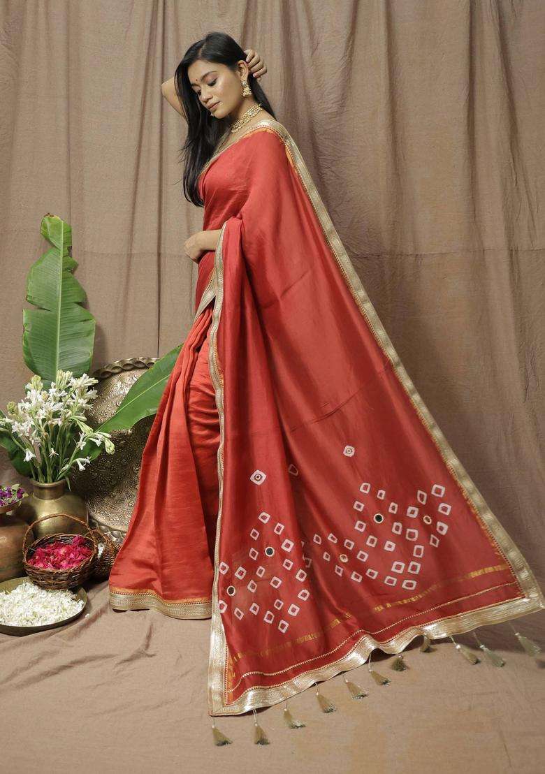 Red Chanderi Silk Printed Saree without Blouse for Women Festive Wear - Indya