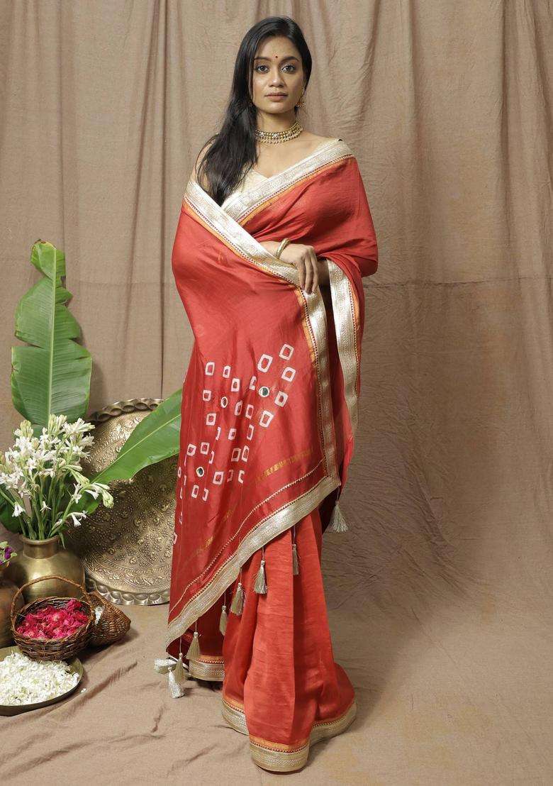 Red Chanderi Silk Printed Saree without Blouse for Women Festive Wear - Indya