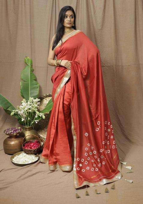 Red Chanderi Silk Printed Saree without Blouse for Women Festive Wear