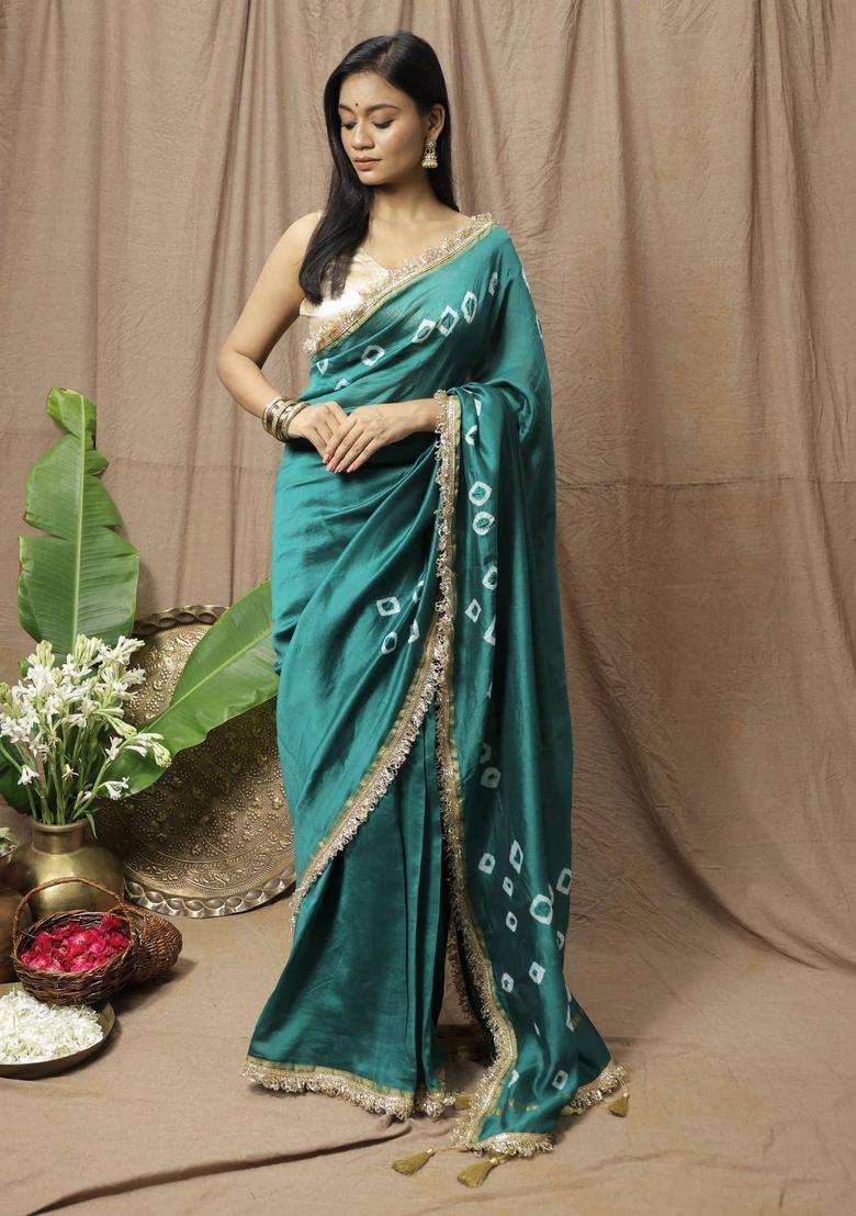 Teal Chanderi Silk Printed Saree without Blouse for Women Festive Wear - Indya