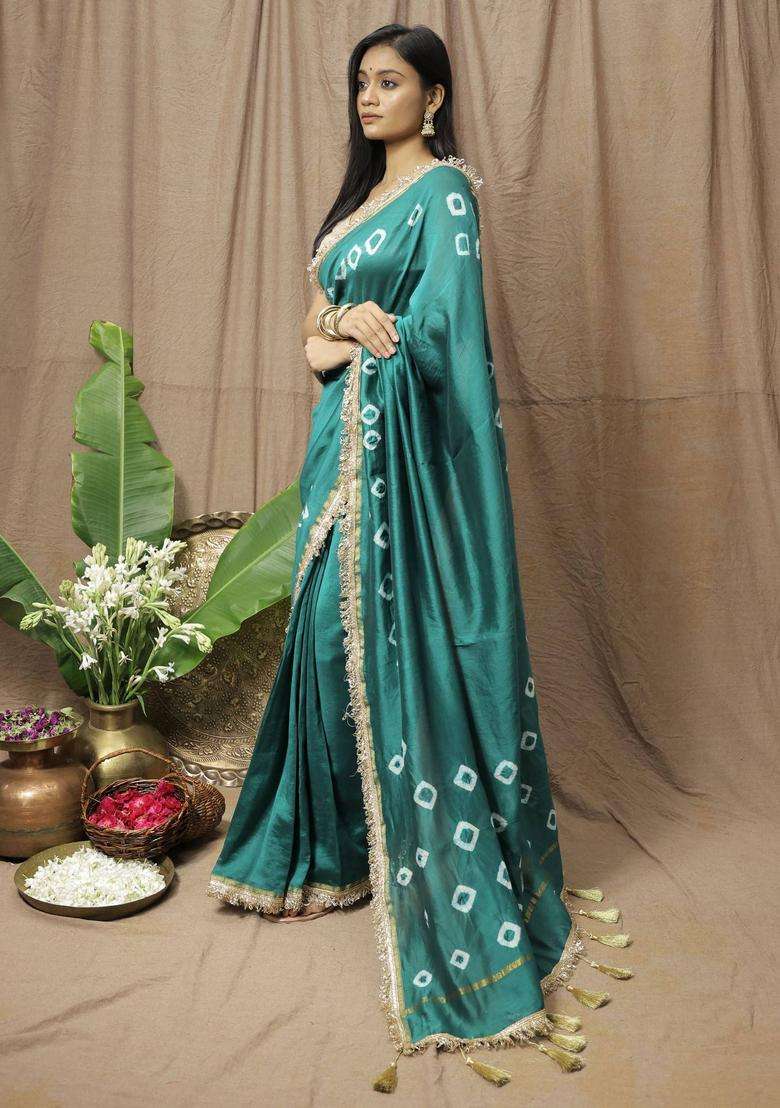 Teal Chanderi Silk Printed Saree without Blouse for Women Festive Wear - Indya