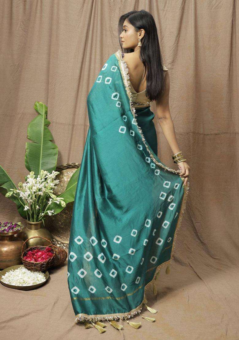 Teal Chanderi Silk Printed Saree without Blouse for Women Festive Wear - Indya