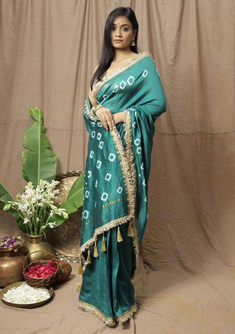 Teal Chanderi Silk Printed Saree without Blouse for Women Festive Wear - Indya