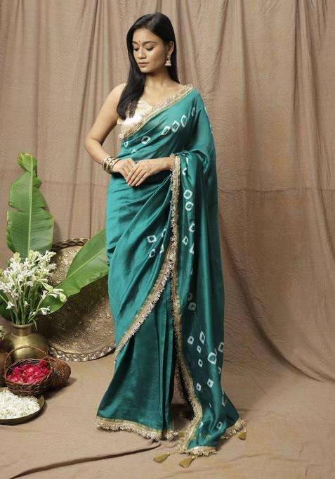Teal Chanderi Silk Printed Saree without Blouse for Women Festive Wear