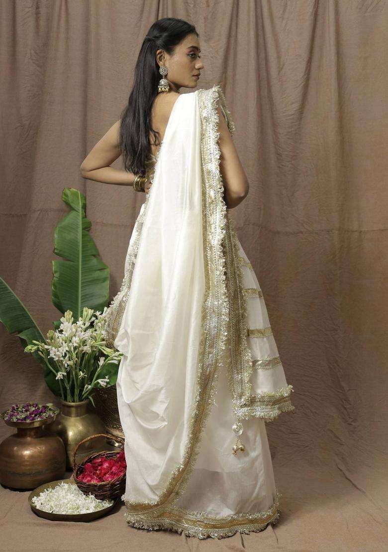 White Chanderi Silk Saree without Blouse for Women Festive Wear - Indya