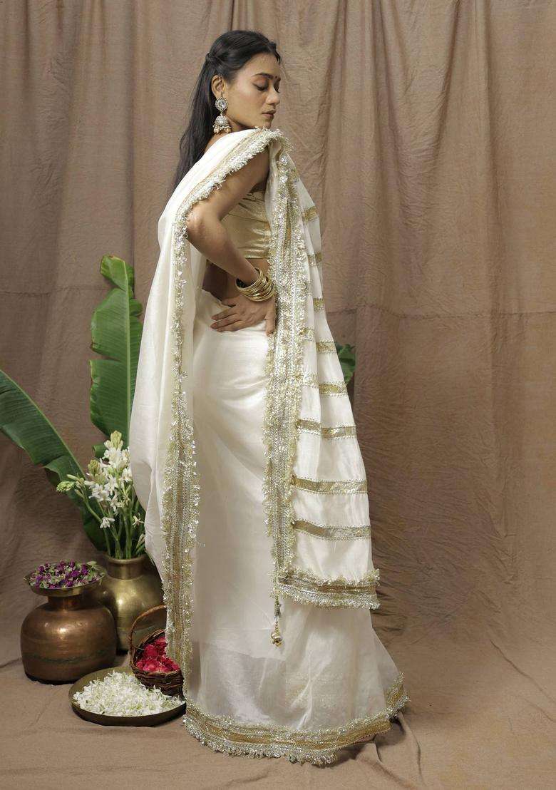 White Chanderi Silk Saree without Blouse for Women Festive Wear - Indya