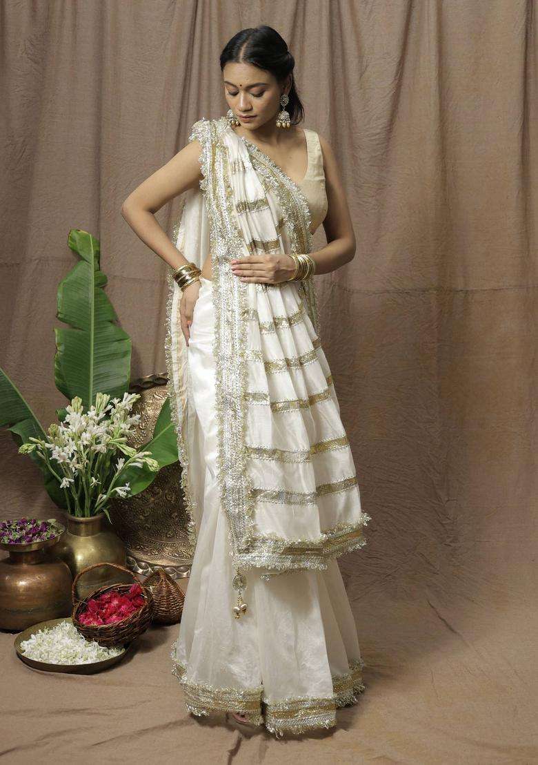 White Chanderi Silk Saree without Blouse for Women Festive Wear - Indya