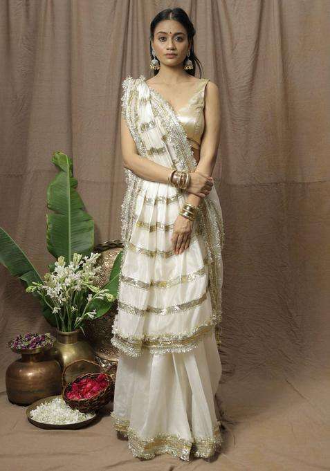 White Chanderi Silk Saree without Blouse for Women Festive Wear