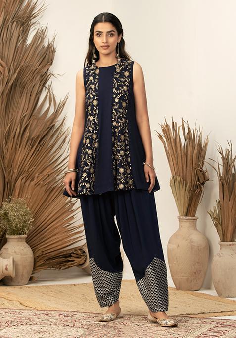 Payal Singhal for Indya Navy Embroidered Cuff Pleated Pants