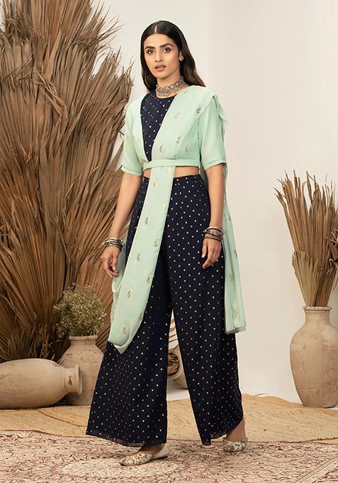 Payal Singhal for Indya Navy Foil Palazzo Pants with Attached Dupatta