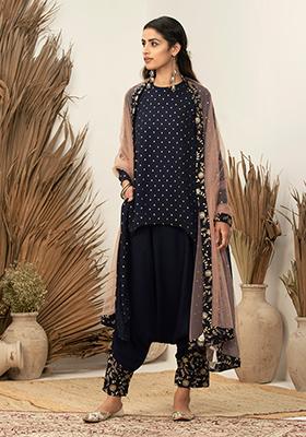 Payal Singhal for Indya Navy Embroidered Cuff Dhoti Pants 