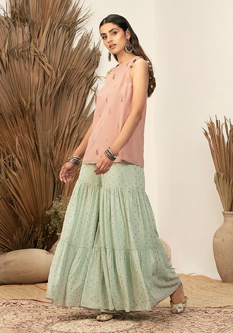 Payal Singhal for Indya Mint Foil Tiered Sharara Pants 