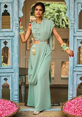 Payal Singhal for Indya Sage Green Belted Pants with Attached Dupatta 