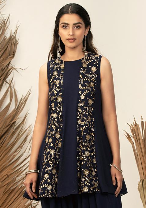 Payal Singhal for Indya Navy Sequin Embroidered Panel Kurti