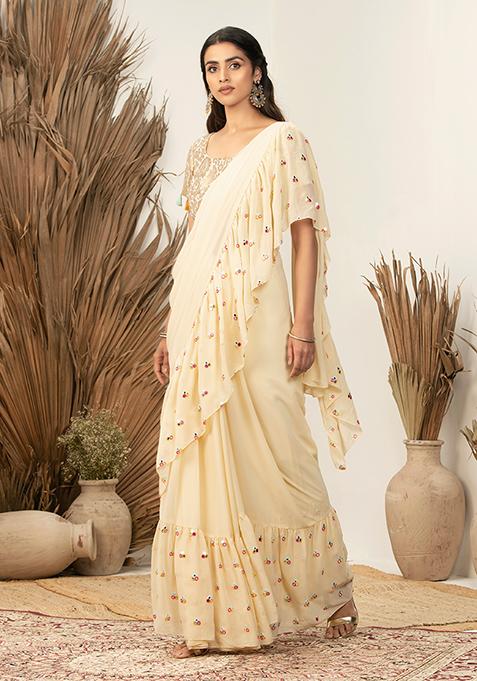 Payal Singhal for Indya Ivory Mirror Embroidered Saree (Without Blouse)