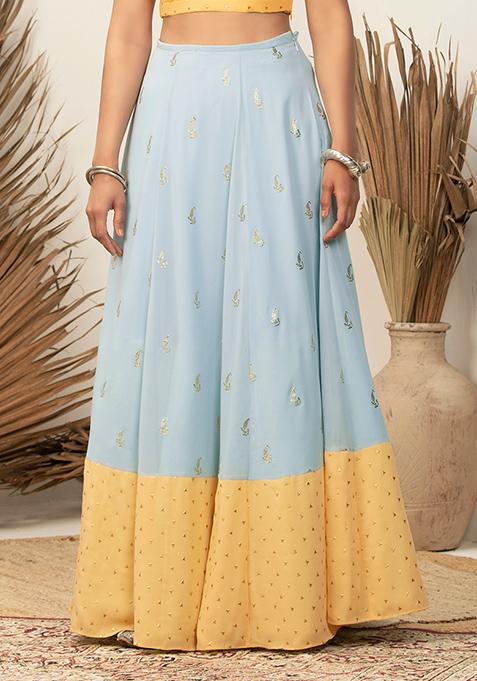 Payal Singhal for Indya Blue Yellow Foil Lehenga Skirt 