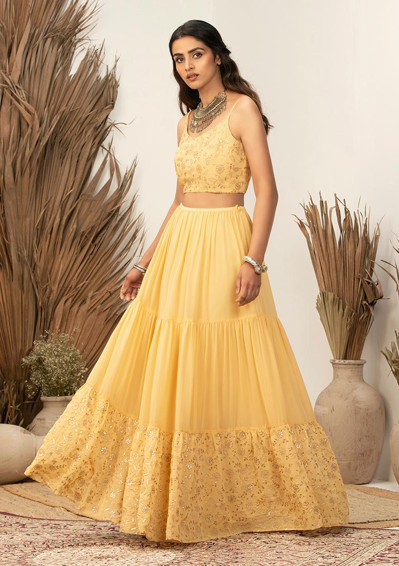 Payal Singhal for Indya Yellow Embroidered Tiered Lehenga Skirt 