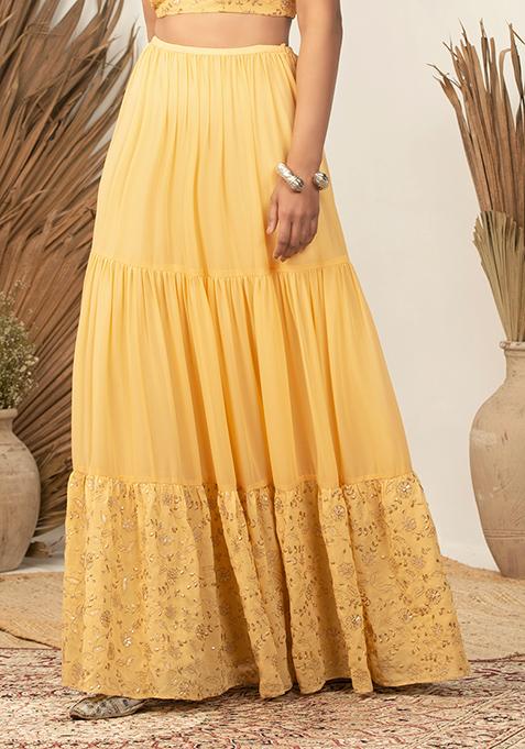 Buy Payal Singhal For Indya Yellow Embroidered Tiered Lehenga Skirt ...