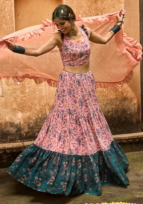 Payal Singhal for Indya Rose Pink Floral Tiered Skirt with Cancan