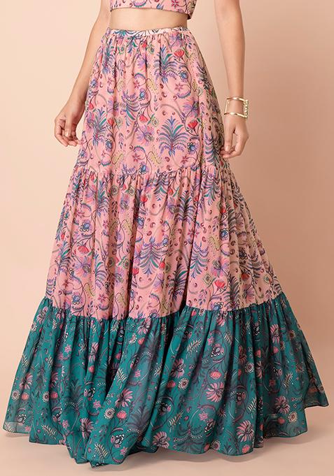 Buy Payal Singhal For Indya Rose Pink Floral Tiered Skirt With Cancan ...