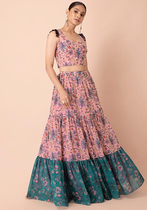 Buy Payal Singhal For Indya Rose Pink Floral Tiered Skirt With Cancan ...