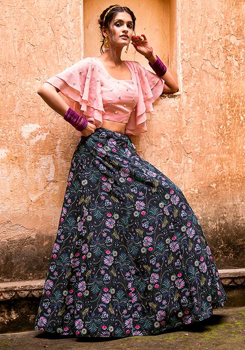 Payal Singhal for Indya Black Floral Tasselled Kalidar Lehenga Skirt