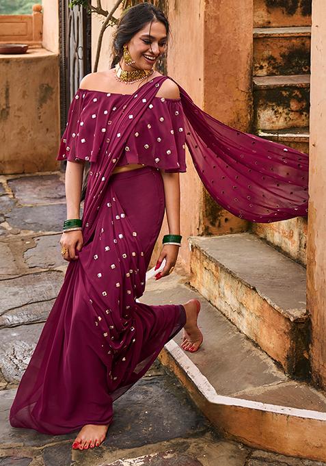 Payal Singhal for Indya Wine Gota Zari Pre-Stitched Saree (Without Blouse)