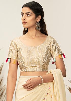 Payal Singhal for Indya Ivory Brocade Cap Sleeve Crop Top   