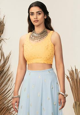 Payal Singhal for Indya Yellow Foil Back Tie Crop Top   