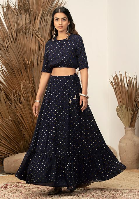 Buy Payal Singhal For Indya Navy Foil Elasticated Waist Crop Top ...