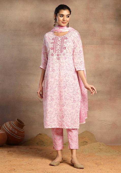 Ivory And Pink Floral Print Cotton Kurta With Pants And Printed Dupatta (Set of 3)