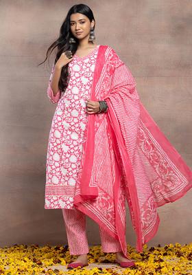 Pink Floral Jaal Printed Cotton Kurta With Pants And Dupatta (Set of 3)