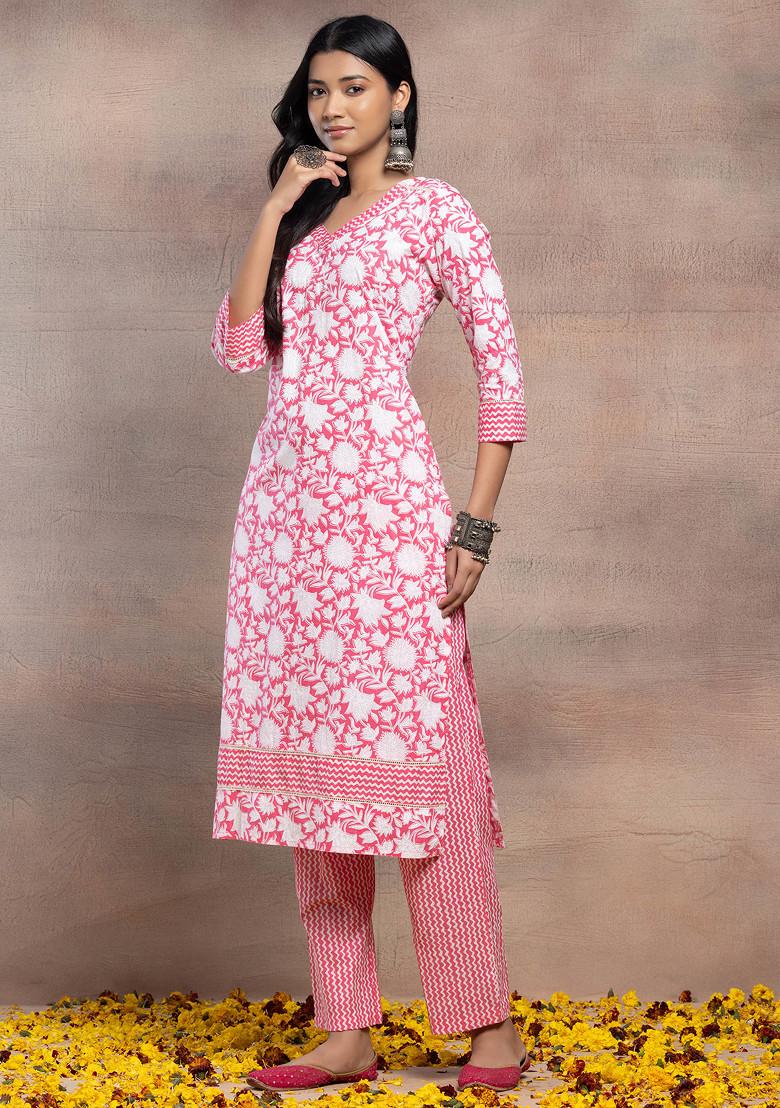 Pink Floral Jaal Printed Cotton Kurta With Pants And Dupatta (Set of 3)