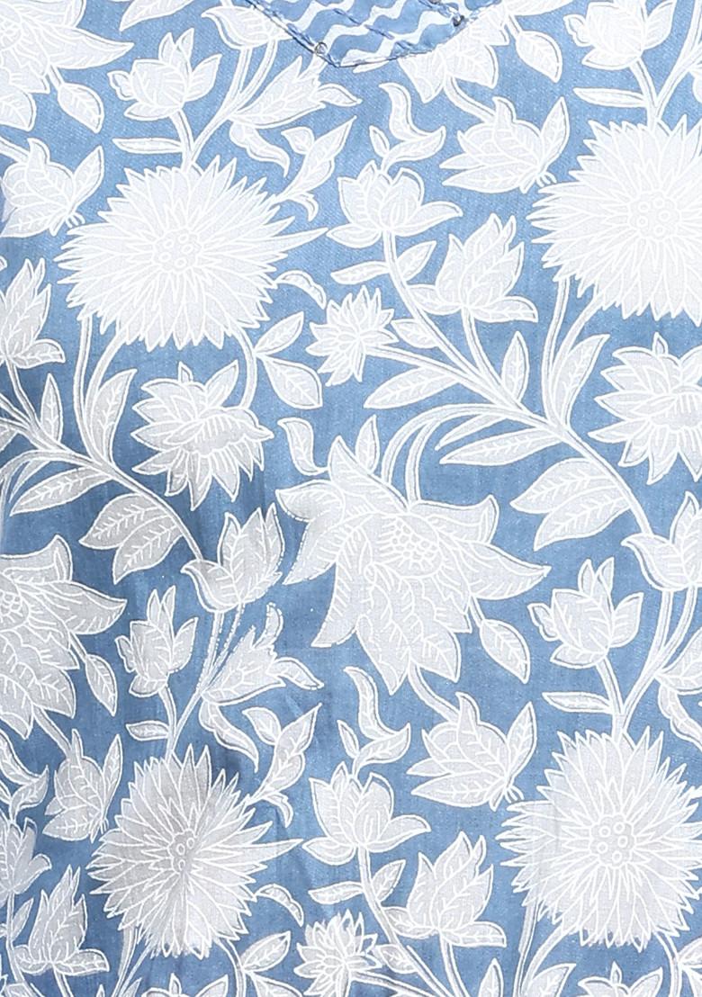 Powder Blue Floral Jaal Print Cotton Kurta With Pants And Dupatta (Set of 3)