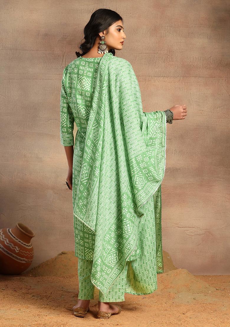 Pastel Green Batik Print Cotton Kurta With Pants And Dupatta (Set of 3)