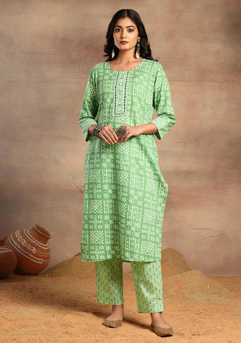 Pastel Green Batik Print Cotton Kurta With Pants And Dupatta (Set of 3)