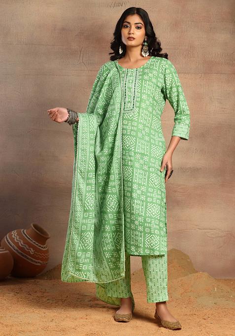 Pastel Green Batik Print Cotton Kurta With Pants And Dupatta (Set of 3)