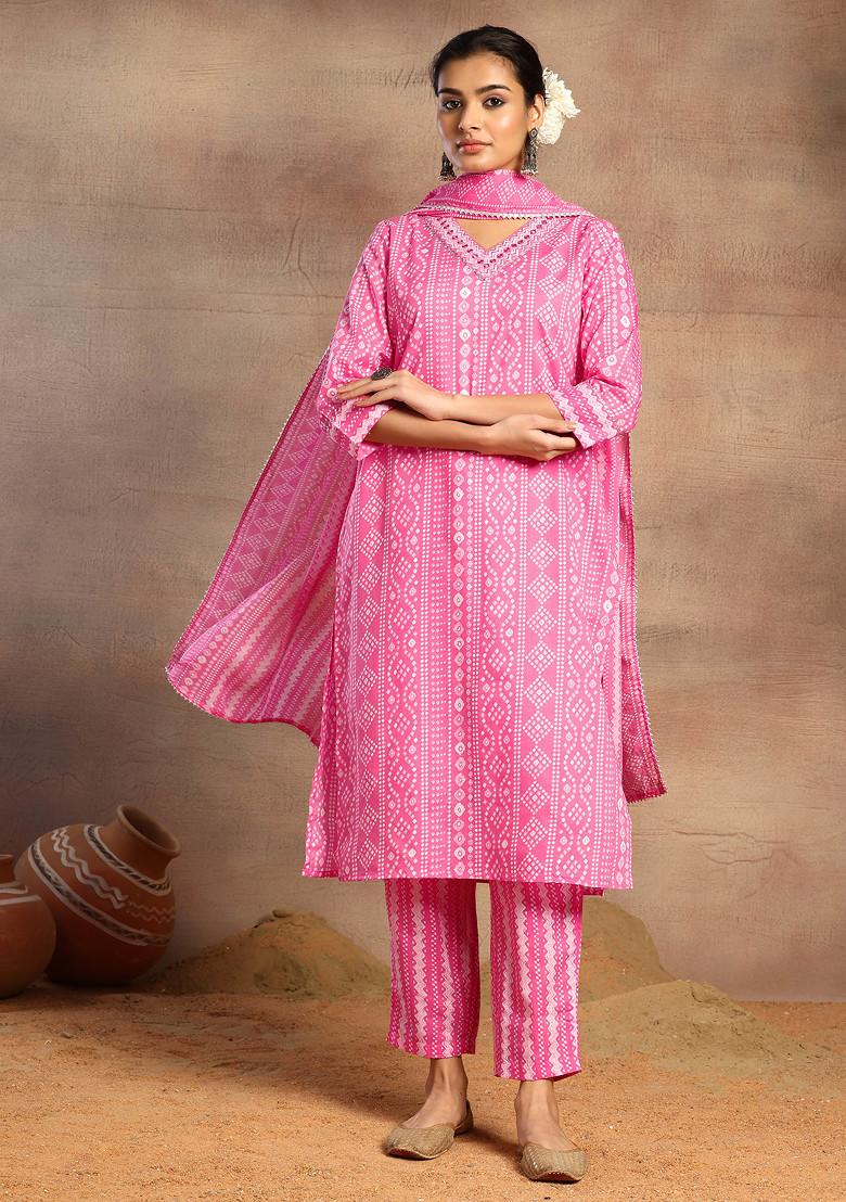 Pink Batik Stripe Print Cotton Kurta With Pants And Dupatta (Set of 3)